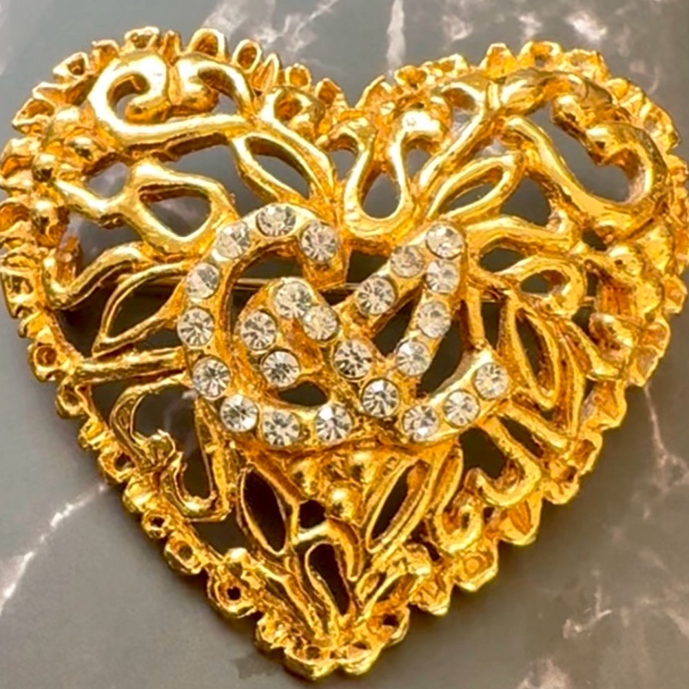 Christian Lacroix Gold Heart Brooch with Crystal Accents